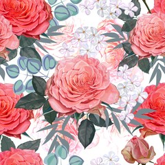Floral beautiful seamless pattern -Pink rose ,petunia and glory bush flowers