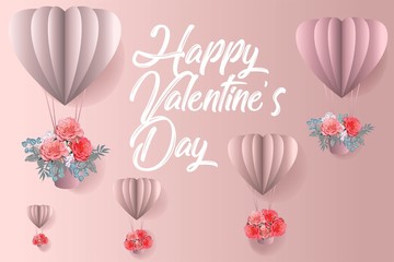 Happy valentine's day -Pink air balloon  heart shape in  paper cut style with pink rose in the basket- vector