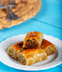 Turkish dessert baklava on wooden background