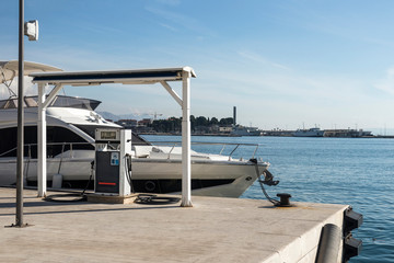 Luxury yacht on gas station near sea in Split, Croatia