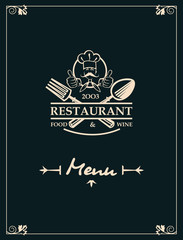 restaurant menu design with chef, crossed spoon and fork on black background