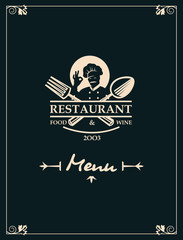 restaurant menu design with chef, crossed spoon and fork on black background