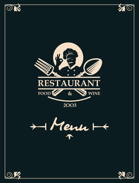 restaurant menu design with chef, crossed spoon and fork on black background
