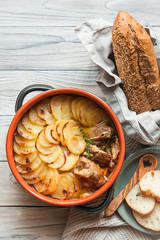 Homemade Lancashire hotpot - a stew consists of lamb, onion, carrot, Worcestershire sauce, topped...