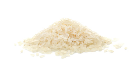 Pile of uncooked rice on white background