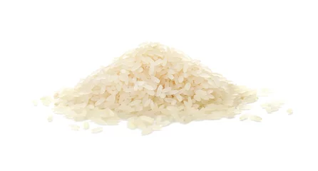 Poster Pile of uncooked rice on white background © New Africa