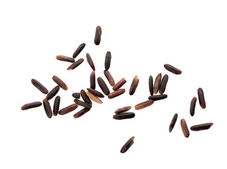 Uncooked black rice on white background, top view