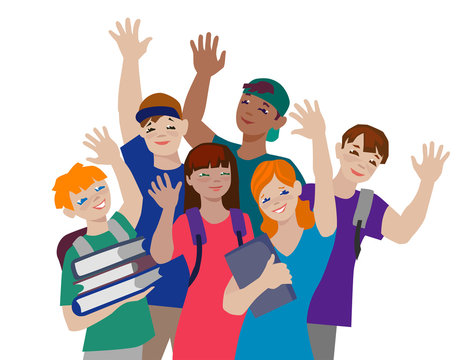 A vector illustration of group of teenagers waving to camera.