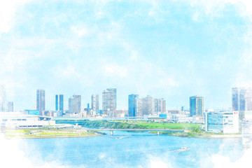 東京湾と高層マンション Tokyo city skyline , Japan - obrazy, fototapety, plakaty