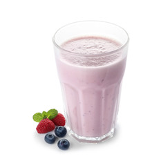 Glass of protein shake and berries isolated on white