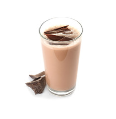 Glass of chocolate protein shake and ingredient isolated on white