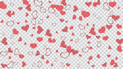 Festive background. Red on Transparent background Vector. Red hearts of confetti are flying. The idea of wallpaper design, textiles, packaging, printing, holiday invitation for wedding.
