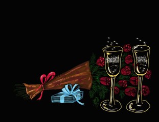 Two champagne glasses, bouquet of red roses and gift  box with ribbon bow isolated on the black background.