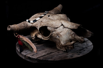 Cow skull decorated with feathers and such, laying on a grey wooden plate, with strong biker / rock...