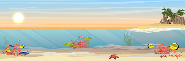 Fototapeta na wymiar Tropical underwater landscape. Sandy bottom of coral reef with exotic tropical fish, corals, seaweed, sea sponges and starfish. Island with palm and rock. Vector illustration of a sea life. Banner