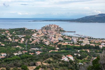 Scenic view of the historic city of Calvi  from the mountains, Corsica, France