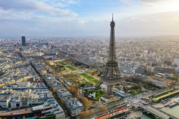 Beautiful Paris Aerial Panoramic Cityscape View feat. Famous Iconic Landmark Eiffel Tower, Champ de...
