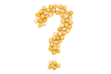 Chickpea, question mark, close up, macro, top view. Chickpea is rich source of vitamins, minerals...