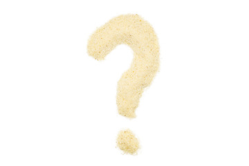Semolina, question mark, isolated, close up, macro, top view. Popular flour in cooking. Used for...