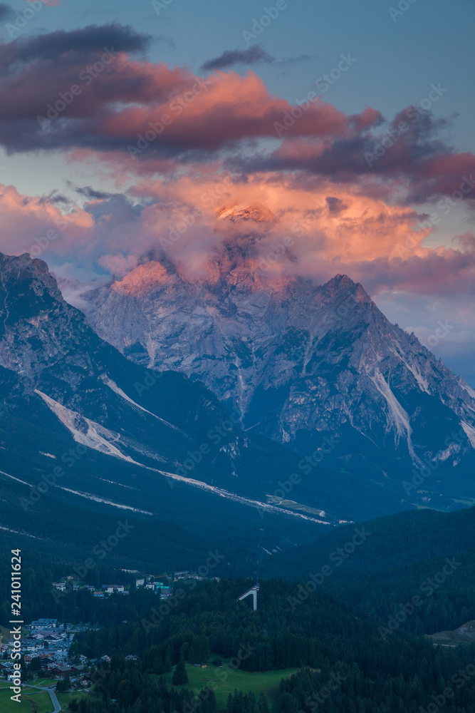 Wall mural Colorful sunset over the town of Cortina d'Ampezzo, Dolomites, Italy