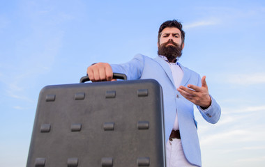 Illegal deal business. Hipster bearded face hold briefcase with bribe. Business man formal suit...