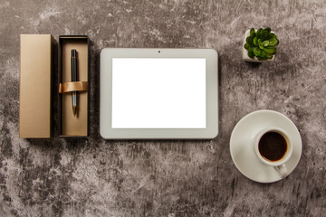 Template mockup clean notebook with cup of coffee, coffee grains, cinnamon, coffee grinder on gray background. View from above. Layout of ideas.