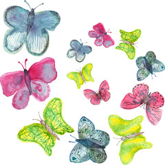 Watercolor pattern of bright colored butterflies isolated on a white background.