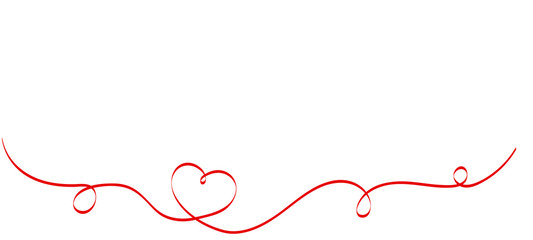 Calligraphy Red Heart Ribbon on White background. Red curved band with two hearts. Valentines day Romantic greeting card with stripes.  Mother's day vector design. Wedding invitation card elements.