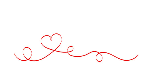 Calligraphy Red Heart Ribbon on White background. Red curved band with two hearts. Valentines day Romantic greeting card with stripes.  Mother's day vector design. Wedding invitation card elements.