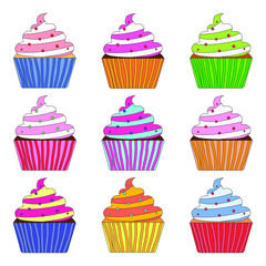 vector set of differently colored cupcakes