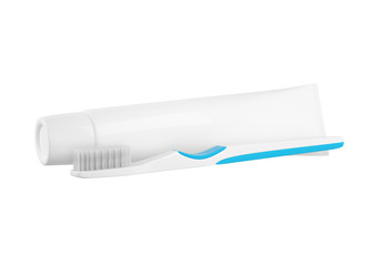 Toothpaste and toothbrush isolated on white background. 3d render.