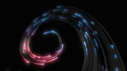 black strings with glowing pink and blue heads in dark. 3d illustration