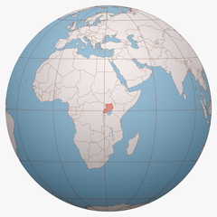 Uganda on the globe. Earth hemisphere centered at the location of the Republic of Uganda. Uganda map.