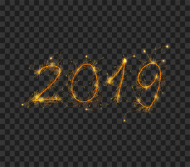 isolated 2019 firework bursting on transparent background in vector illustration. concept for template for celebration in new year and Christmas festive seasonal