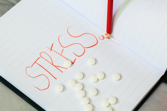 Pills and stress concept on notebook