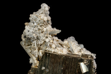 Macro mineral stone Pyrite in quartz on a black background