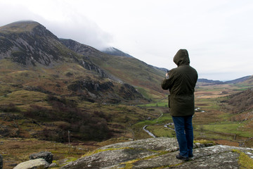 Man looking Mountains Landscape in Wales