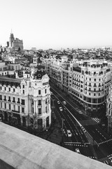 Metropolis building in Gran Via. Madrid in black and white (Spain)
