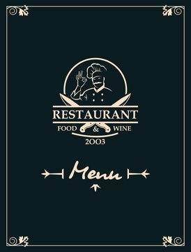 restaurant menu design with chef and crossed knives on black background