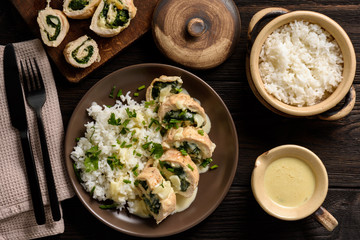 Spinach and mozzarella stuffed chicken fillet baked in oven.