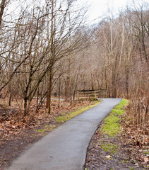 A paved path leading to a wooden bridge in Frick Park located in Pittsburgh, Pennsylvania, USA in winter lined with bare trees