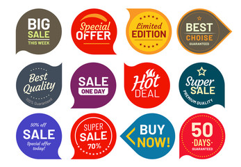Sale quality badges. Round hundred percent assured label badge. Sticker vector illustration icons set - obrazy, fototapety, plakaty