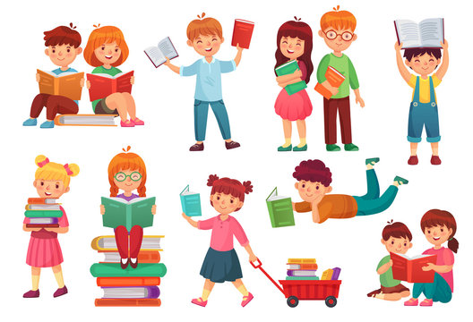 Kids read book. Happy kid reading books, girl and boy learning together and young students isolated cartoon vector illustration