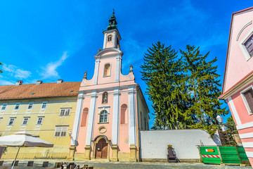 Church landmark Varazdin town. / Scenic view at cathedral in Varazdin town, Croatia Europe travel places.