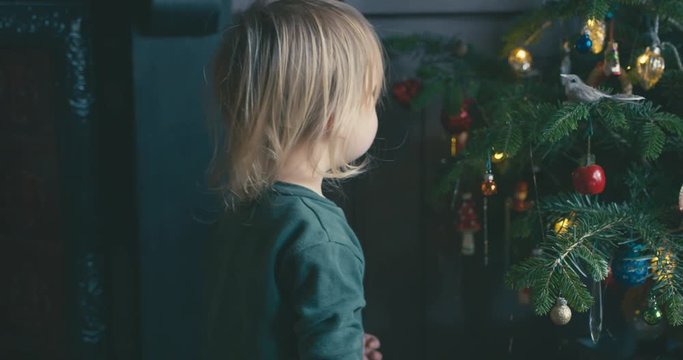Little toddler looking at the christmas tree