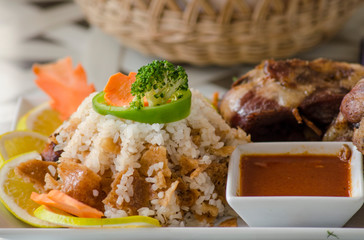 A delicious meal of rice, meat and vegetables