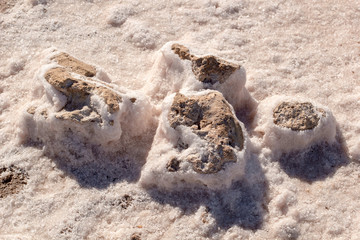 Stones covered by natural pink salt crystals, close up. Salty lake shore background. Spain, Torrevieja.
