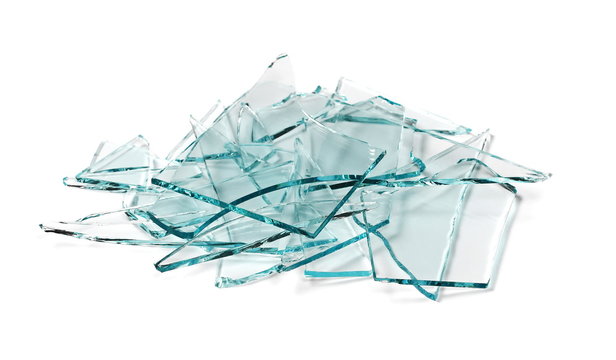 Broken glass pile pieces texture and background, isolated on white, cracked window effect