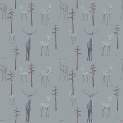 Fototapeta na wymiar Winter seamless pattern with deer in forest