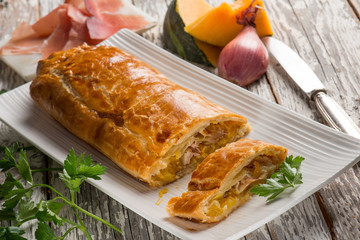 strudel puff pastry with parma ham and pumkin